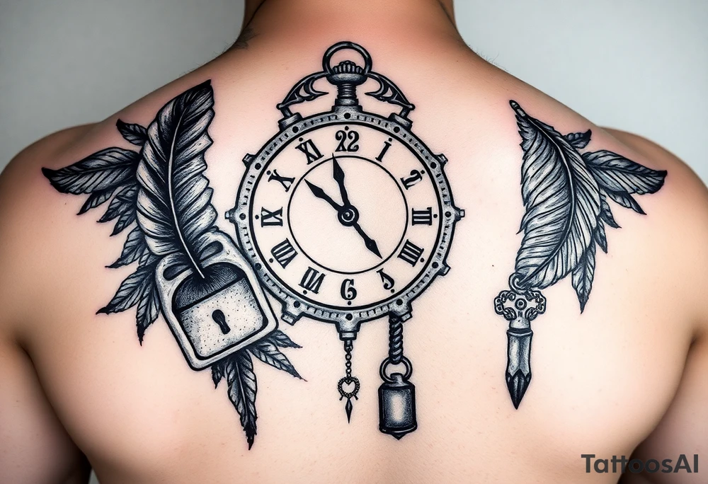 A gearered clock and a feather and a lock and key ,and a dreamcatch as a start of all new series of tattoos tattoo idea