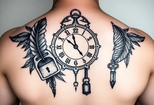 A gearered clock and a feather and a lock and key ,and a dreamcatch as a start of all new series of tattoos tattoo idea