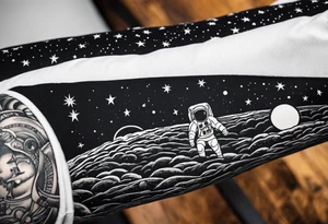 space themed arm sleeve. I want a feeling of being above it all. I like man on the move imagery inspired by kid cudi. In a neo trad arm sleeve tattoo idea