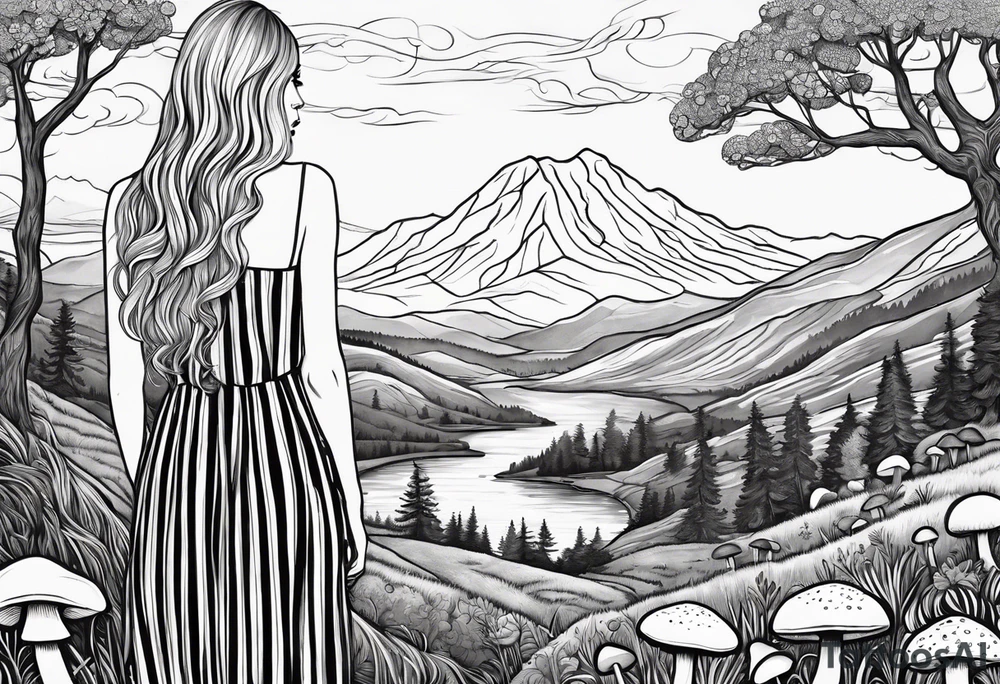 Straight long blonde hair girl in distance holding mushrooms in hand facing away toward mountains and creek surrounded by mushrooms black and white striped dress tattoo idea
