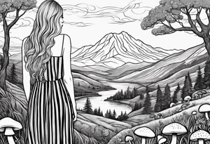 Straight long blonde hair girl in distance holding mushrooms in hand facing away toward mountains and creek surrounded by mushrooms black and white striped dress tattoo idea