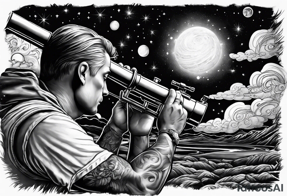 rock painting of a man with a telescope observing Saturn tattoo idea