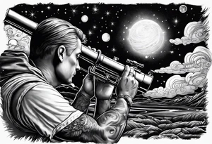 rock painting of a man with a telescope observing Saturn tattoo idea