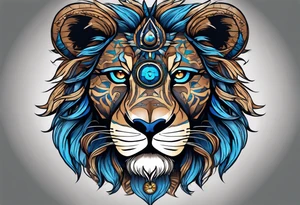 face of a lion with a third eye. Left eye blue, right eye brown. The third eye on the forehead is abstract. Around the muzzle there is a compass bezel tattoo idea