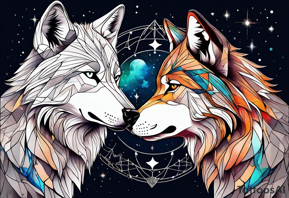 Constellation, two animal wolf, géométric tattoo idea
