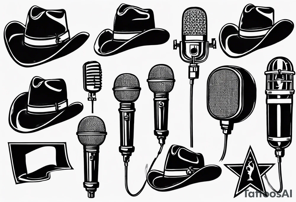 old school broadcast microphone with a cowboy hat on top of it. tattoo idea