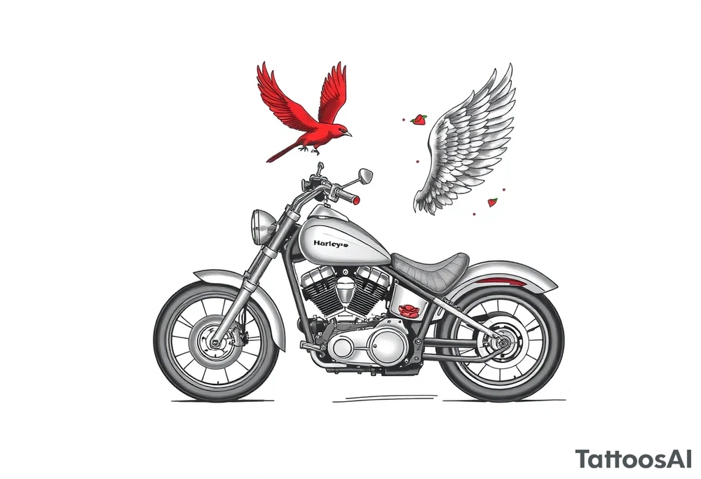 Harley grey motorcycle driving away, two red birds flying, roses, flames, angel wings tattoo idea