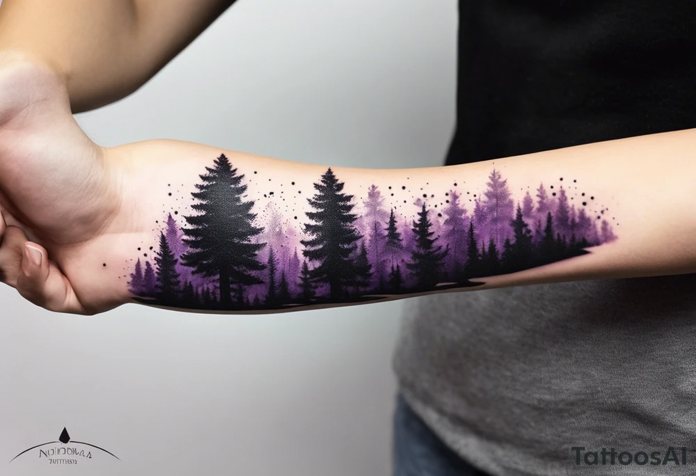 forest, purple and black, on forearm, fully covered, no borders, blackwork tattoo idea