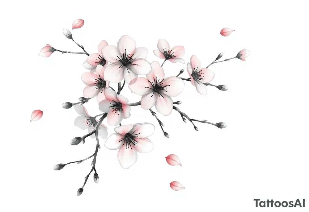 delicate cherry blossoms swirling in spring breeze with petals tattoo idea