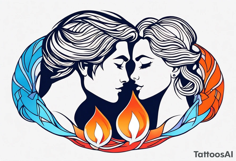 Twin flame symbol. Tattoo should be the size of a half dollar. Symbol should be minimalistic and have clean lines. Give it fire. Straight clean line border around the fire. Fire color is blue intertwined with orange and red. No cartoon variations. tattoo idea