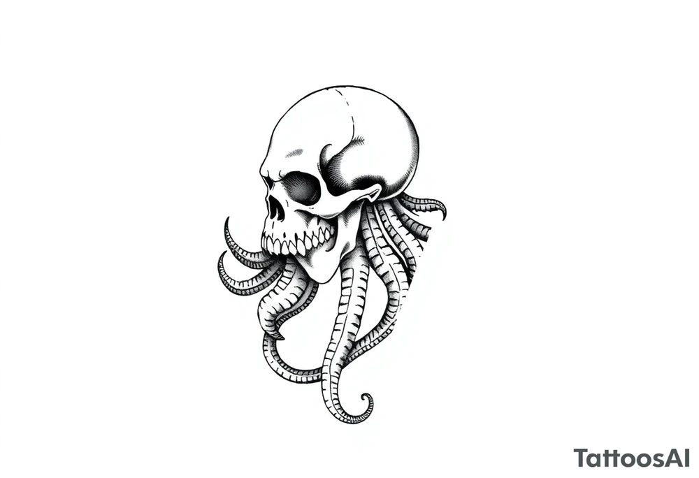 A minimalist blackwork tattoo design of a kraken with a skull fused into its head. The kraken is viewed from a 45-degree angle facing left, with its head centered and occupying 90% of the height of the head portion of the design. The tentacles extend only to the left and right, with none going downward beneath the head. The tattoo is designed to flow from the inner bicep into the forearm, creating a balanced and dynamic composition. The style is clean, fine-line detailing with bold outlines, avoiding heavy shading. The tentacles should be fluid, aggressive, and striking, enhancing the menacing and eerie look of the kraken while maintaining a cohesive design for a tattoo sleeve. tattoo idea