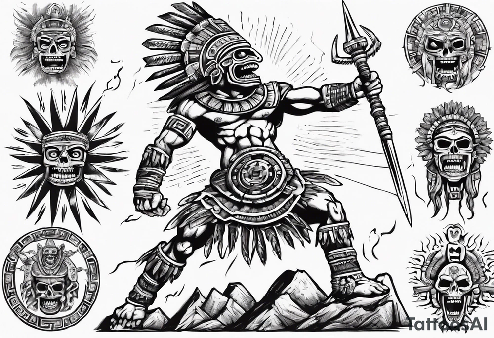 Giant aztec death god warrior fighting as the sun in going in the air tattoo idea