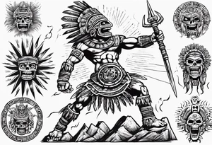 Giant aztec death god warrior fighting as the sun in going in the air tattoo idea