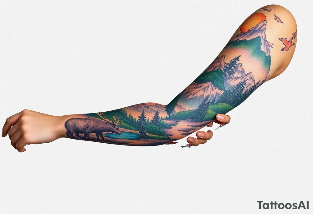 A full-sleeve with the Härjedalen landscape, reindeer, bear, lakes, mountains (Helags), tattoo idea