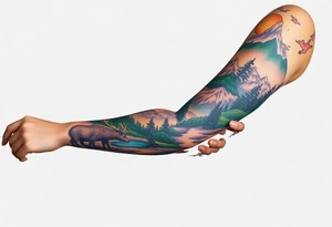 A full-sleeve with the Härjedalen landscape, reindeer, bear, lakes, mountains (Helags), tattoo idea