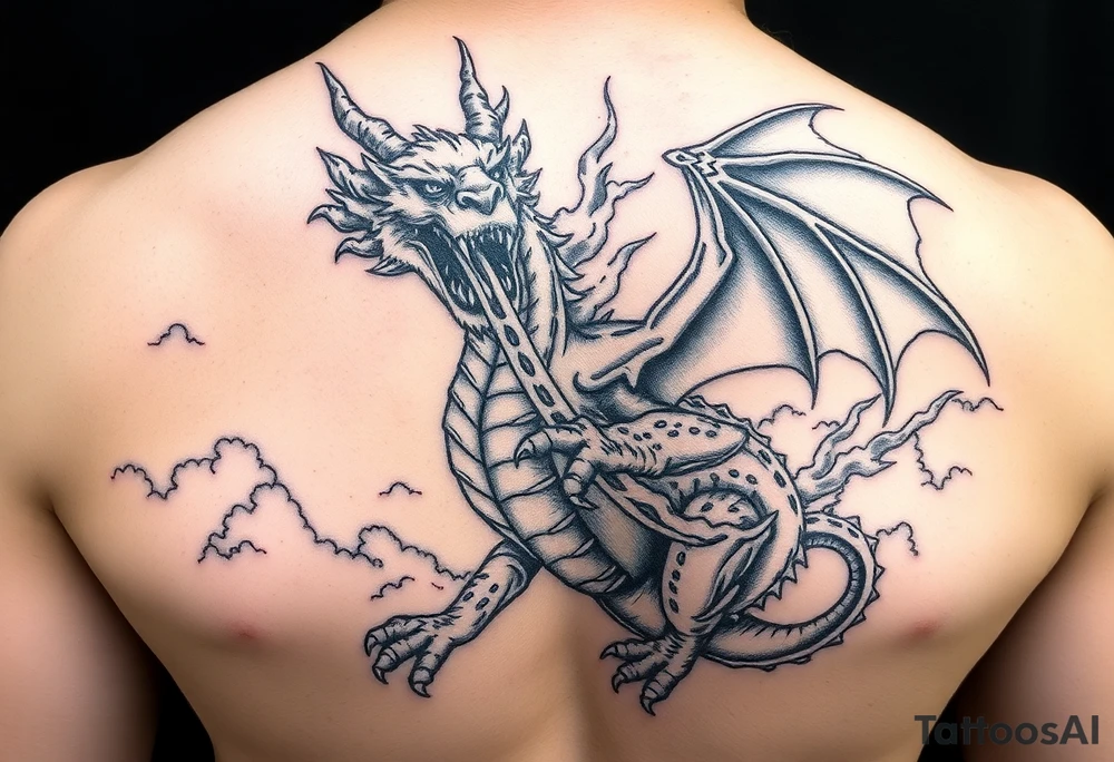 fierce dragon breathing iridescent fire against stormy skies tattoo idea