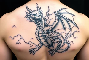 fierce dragon breathing iridescent fire against stormy skies tattoo idea