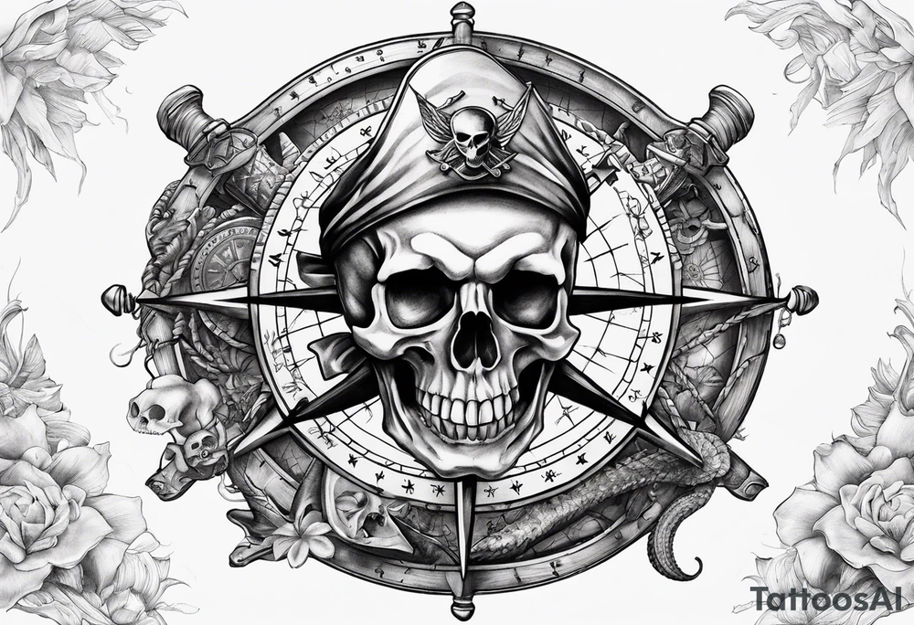 pirate themed compass with a skull and cross bones, oyster pearl, shark and starfish. tattoo idea