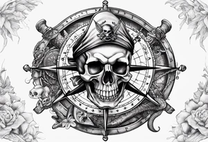 pirate themed compass with a skull and cross bones, oyster pearl, shark and starfish. tattoo idea