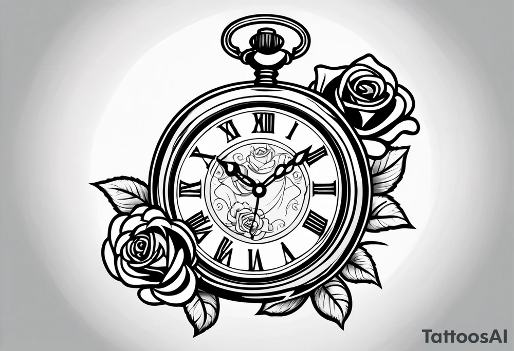 Pocket watch with chain and roses tattoo idea