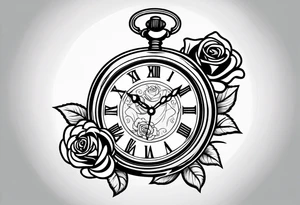 Pocket watch with chain and roses tattoo idea