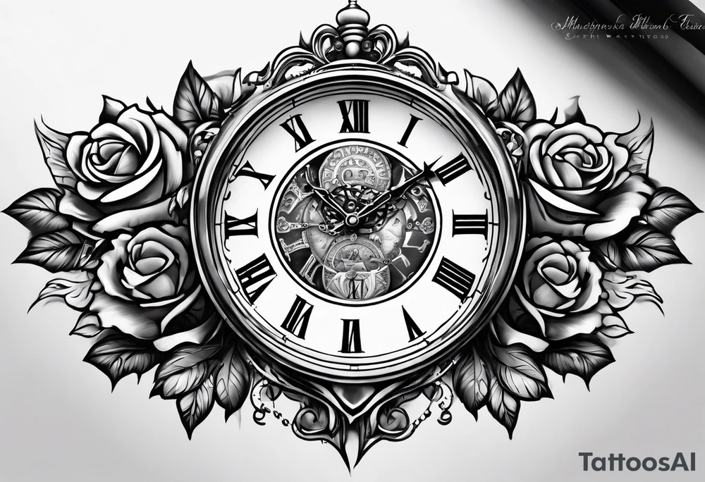 Left hand holding a clock that says God’s Timing tattoo idea