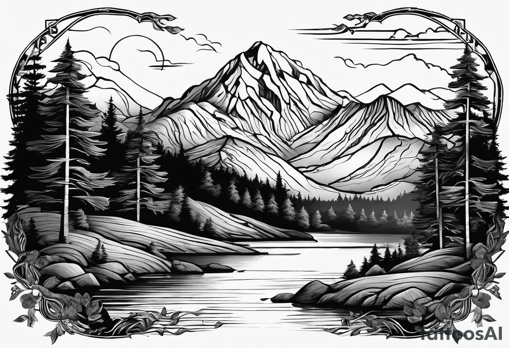 mountains, road, lake, yurt, sun tattoo idea
