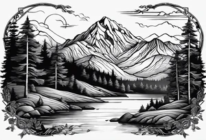 mountains, road, lake, yurt, sun tattoo idea