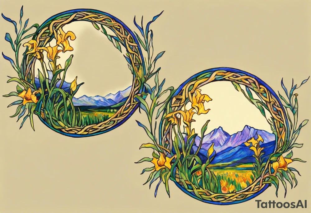 Create a small, delicate colorful Vincent van Gogh Irises tattoo in the form of a crescent, with vines or Celtic knots gracefully intertwining at a central point in the middle of the wreath.  In the middle of the wreath are mountains and other items found in New Mexico. Ensure that the design avoids the appearance of a bush and maintains a more structured and deliberate arrangement. The intended placement is on the upper chest. The overall design should be small in size while maintaining a delicate and artistic aesthetic. Pay attention to the graceful flow of the vines and the placement of the irises to achieve a refined and elegant look. tattoo idea
