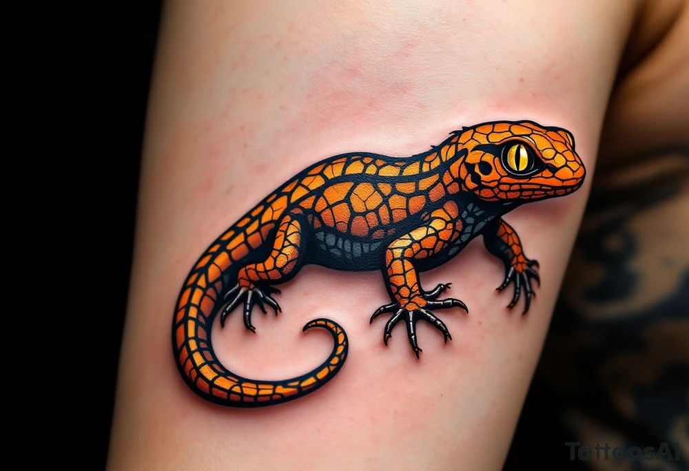 Tribal desert lizard with cracked earth texture – A sleek, agile lizard in motion, designed with tribal curves and sharp angles along its spine. Its skin mimics the pattern of sunbaked, cracked earth, blending tones of burnt orange, dusty brown, and charcoal black. The tail coils elegantly, forming a spiral, while the eyes gleam in golden yellow, symbolizing survival, transformation, and primal instincts. tattoo idea