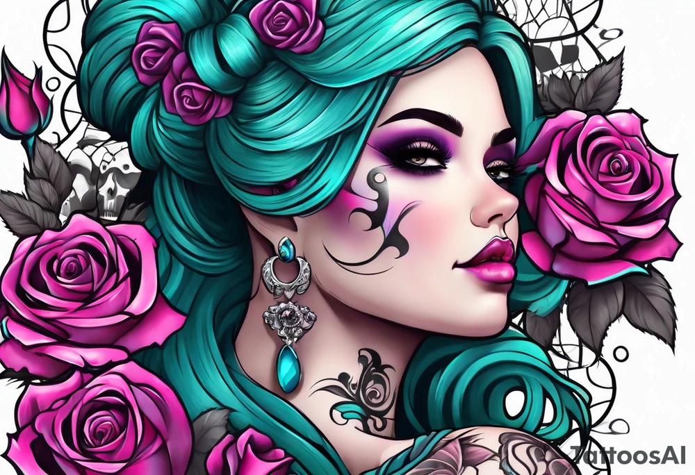 Chubby gothic girl, roses, skulls, teal, pink, purple tattoo idea
