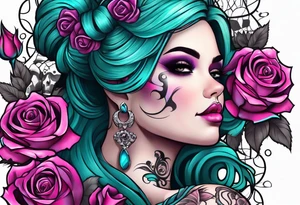 Chubby gothic girl, roses, skulls, teal, pink, purple tattoo idea