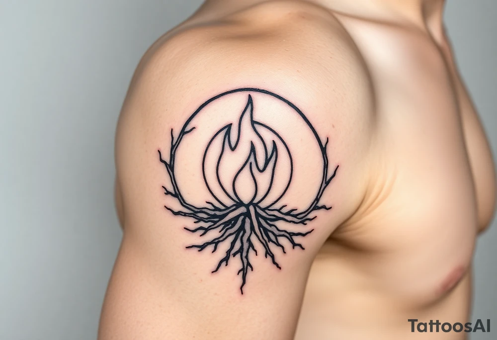 a round flame imprisoned in a roots circle tattoo idea