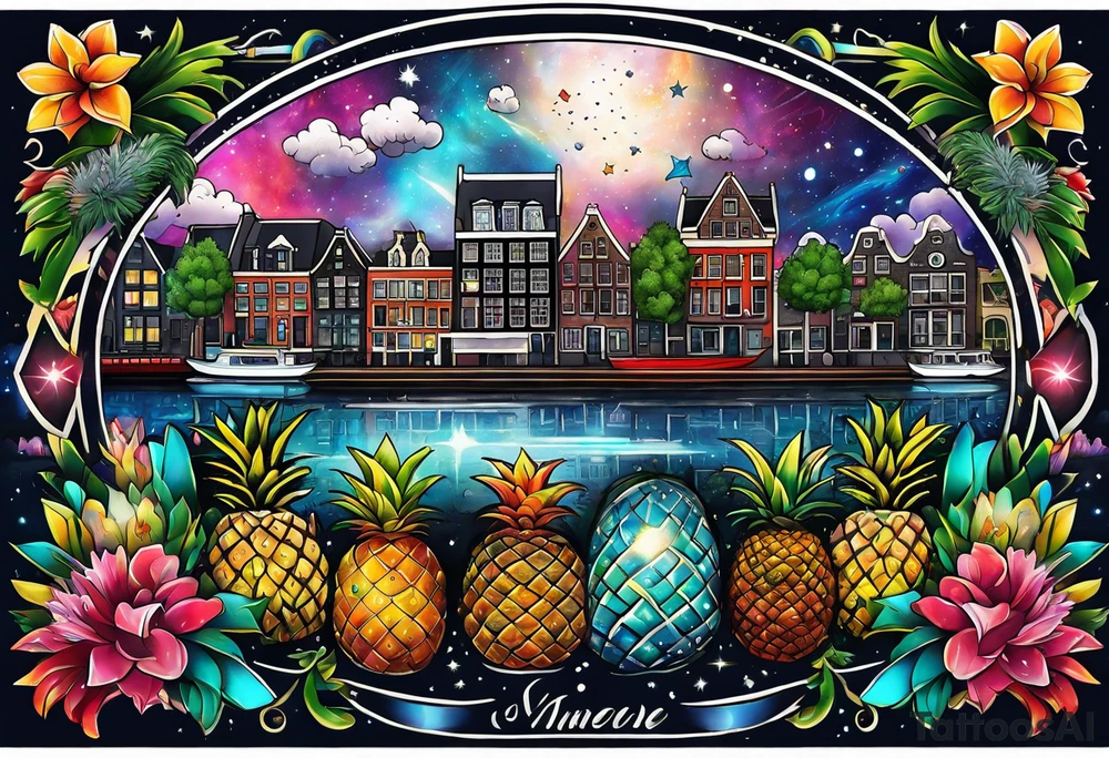 tattoo of animals in Amsterdam canal featuring colours of galaxies and the universe and pineapples and glass tattoo idea