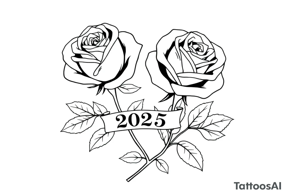 two beautiful large rose buds, one larger than the other, with many leaves next to the rose buds, with one sitting higher than the other. Include a banner connecting the two roses with the year 2025 on it.   Use dark outlines with little shading. The two stems should be short, not long, and connect and join into one stem, whimsically curved or twisted - not straight down. tattoo idea