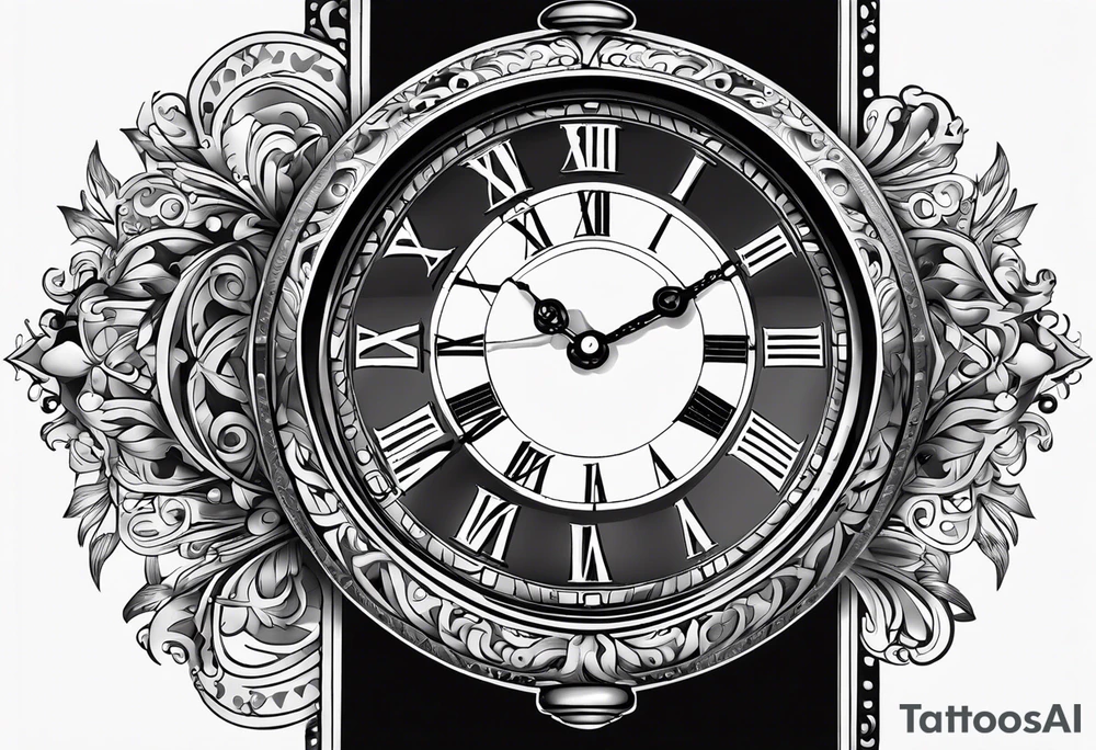 Pocket clock with the time 5:25 on. Underneath a scroll with 04/09/2014 tattoo idea