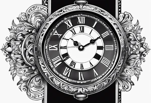 Pocket clock with the time 5:25 on. Underneath a scroll with 04/09/2014 tattoo idea