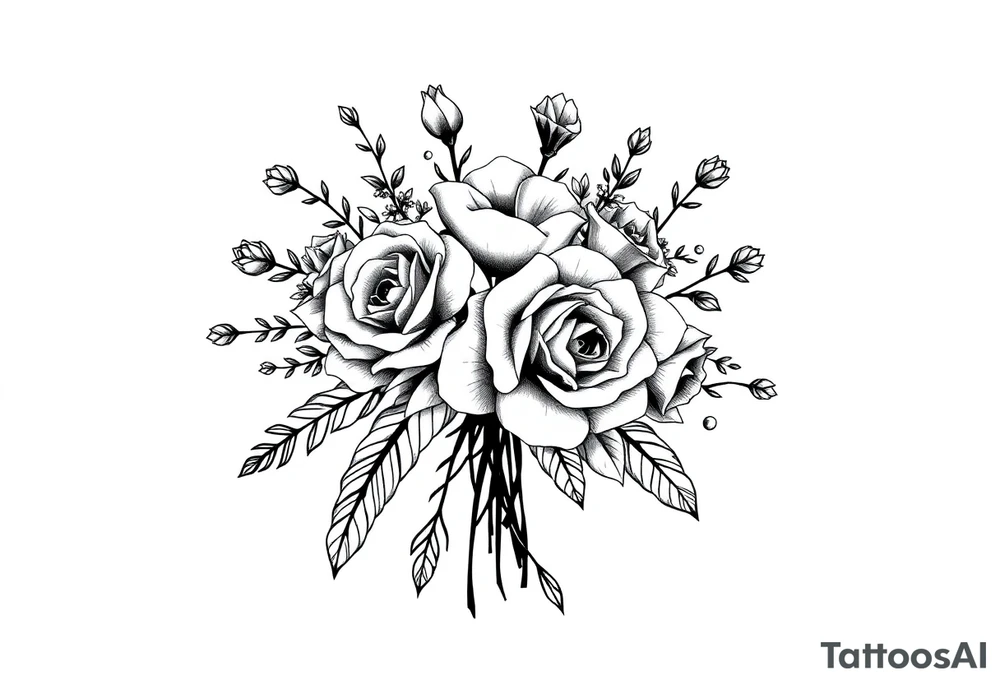 Geometric vintage bouquet of wild roses and meadow flowers with morning dew tattoo idea