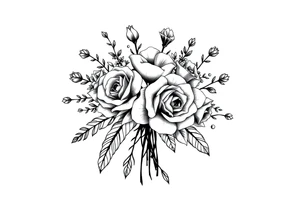 Geometric vintage bouquet of wild roses and meadow flowers with morning dew tattoo idea