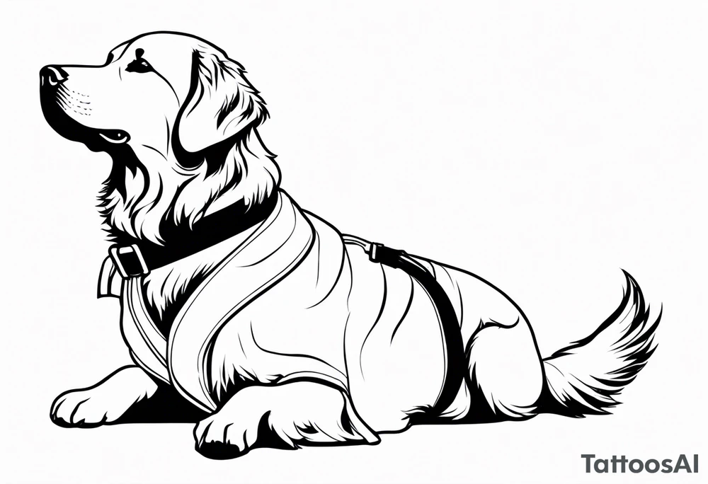 a golden retriever in a jujitsu gi full body view wearing a black belt tattoo idea