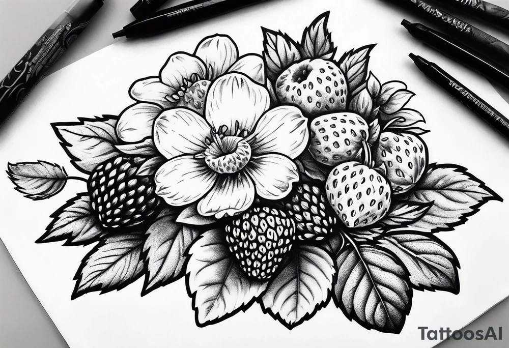 Strawberry and raspberries mixed with flowers tattoo tattoo idea