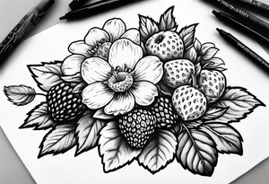 Strawberry and raspberries mixed with flowers tattoo tattoo idea