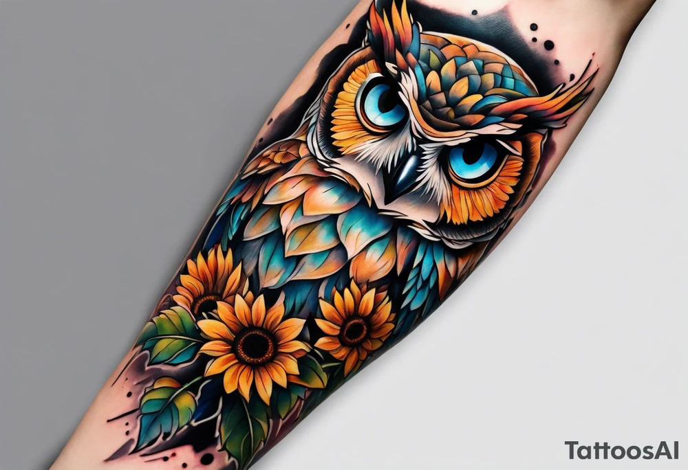 Arm sleeve with colorful sunflowers and an owl tattoo idea