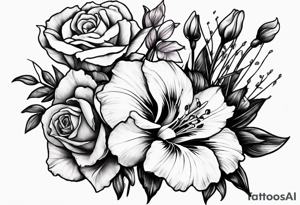 rose, violet, lilly of the valley, gladiolus, and narcissus tattoo idea