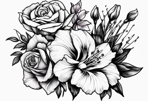 rose, violet, lilly of the valley, gladiolus, and narcissus tattoo idea