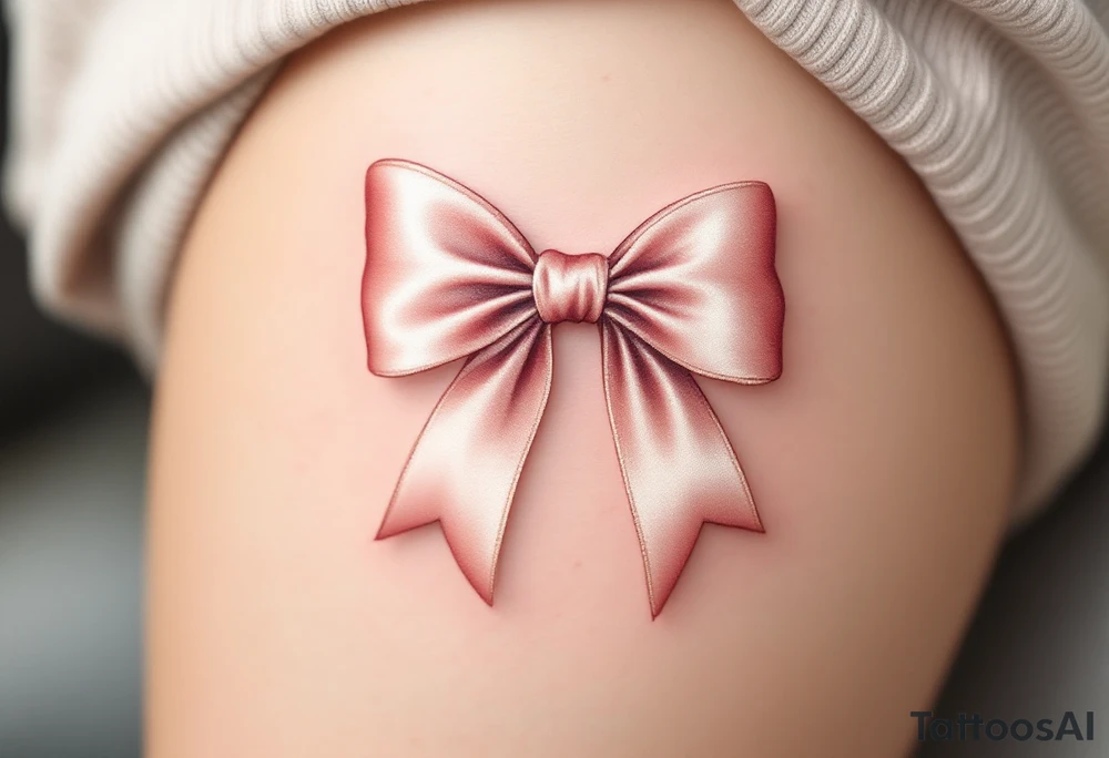 An elegant satin bow tattoo, tied in a perfect knot. The bow is rendered in a soft blush pink with gentle highlights, creating a realistic silk-like sheen. Subtle shadows add depth, making the fabric appear delicately folded. The knot at the center is slightly darker, emphasizing its structure and strength. tattoo idea