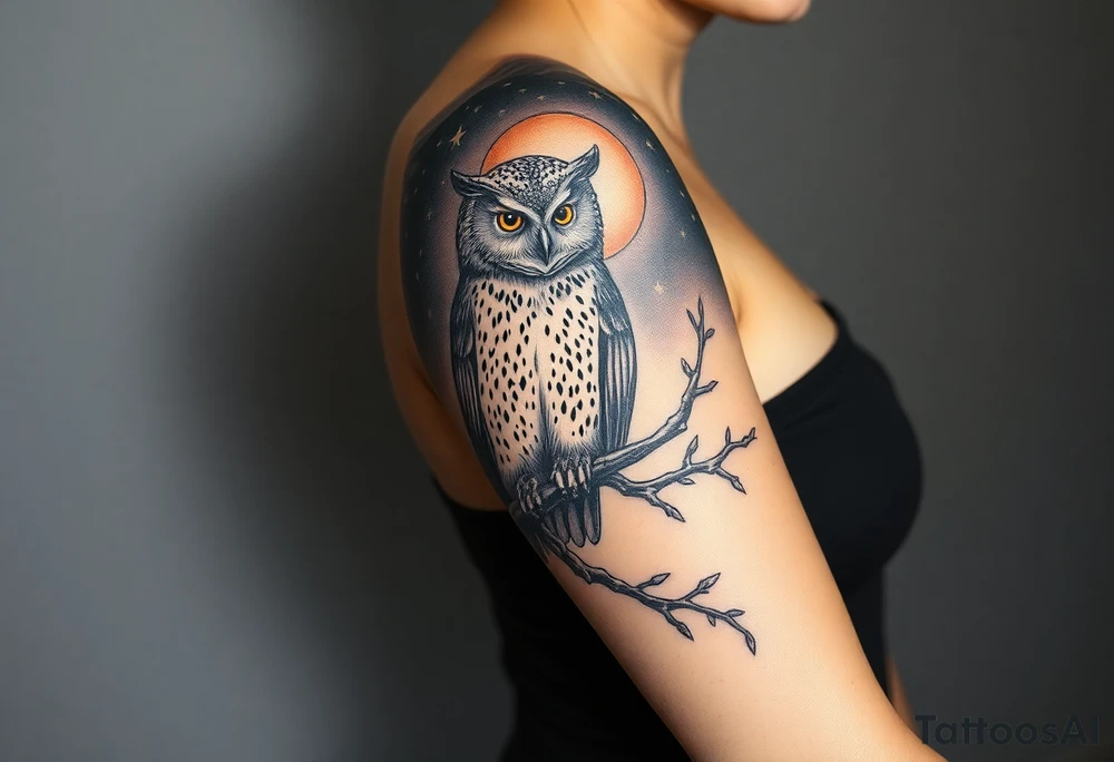 wise owl perched on ancient oak branch under starlit sky tattoo idea