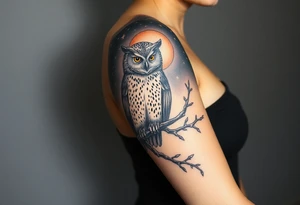 wise owl perched on ancient oak branch under starlit sky tattoo idea