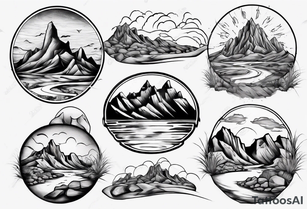 Desert river with dramatic mountains behind tattoo idea