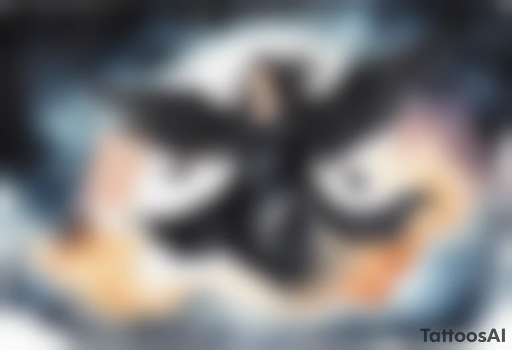 a beautiful 45 year old woman flying in the night sky with black wings, wearing a black cloak and black gloves, bare feet tattoo idea